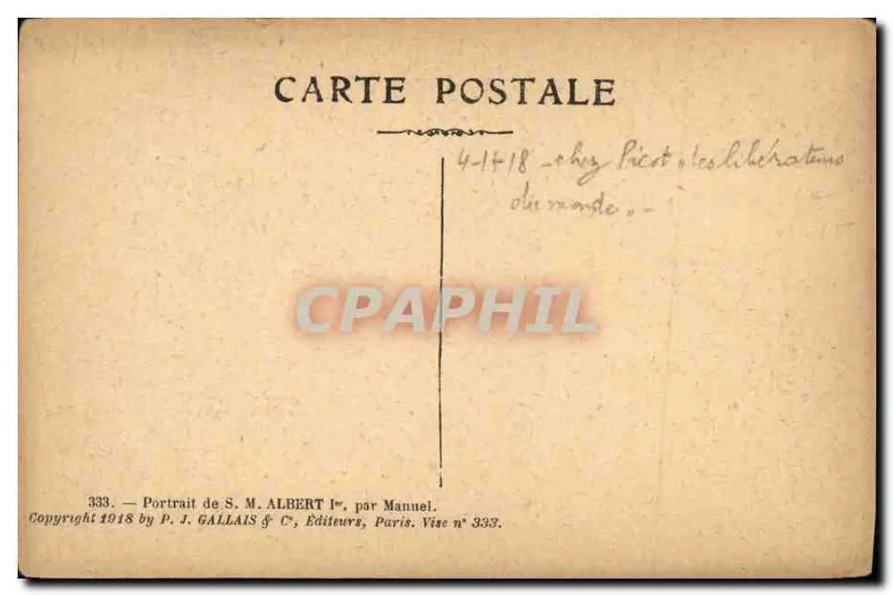 S.M. Albert Ier, Rei dos Belgas — Retrato por Manuel — Editor P. J. GALLAIS & C°, Paris, n° 333 - Verso