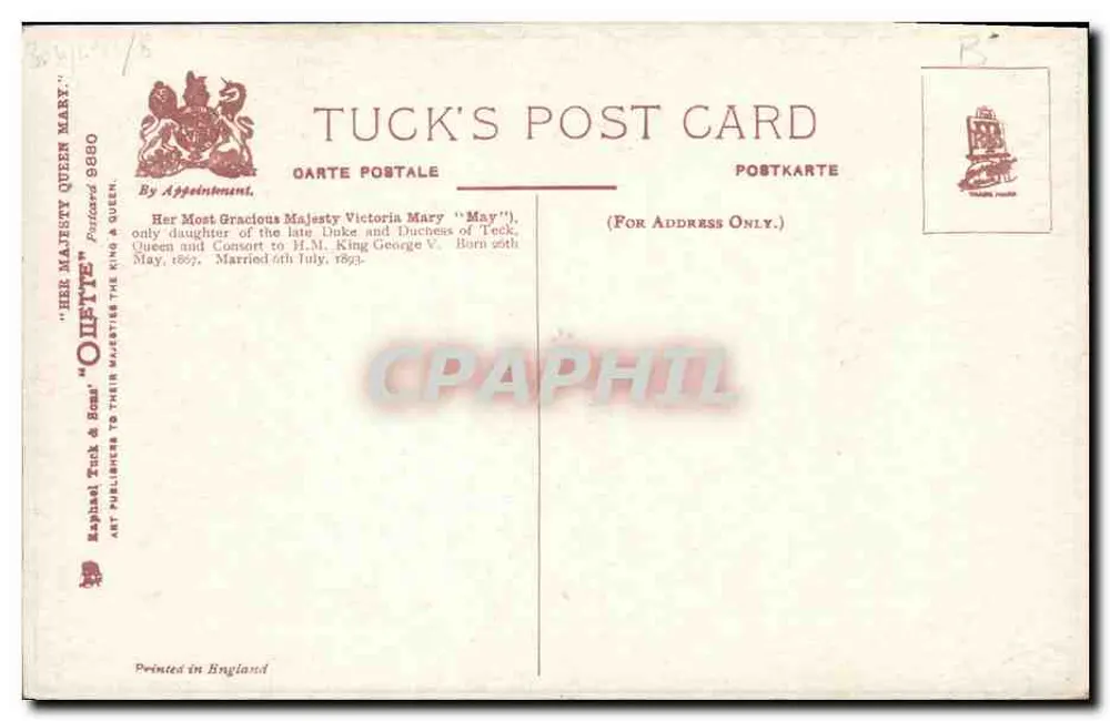Queen Mary — Portrait — Tuck's Post Card n° 8890 - Rückseite