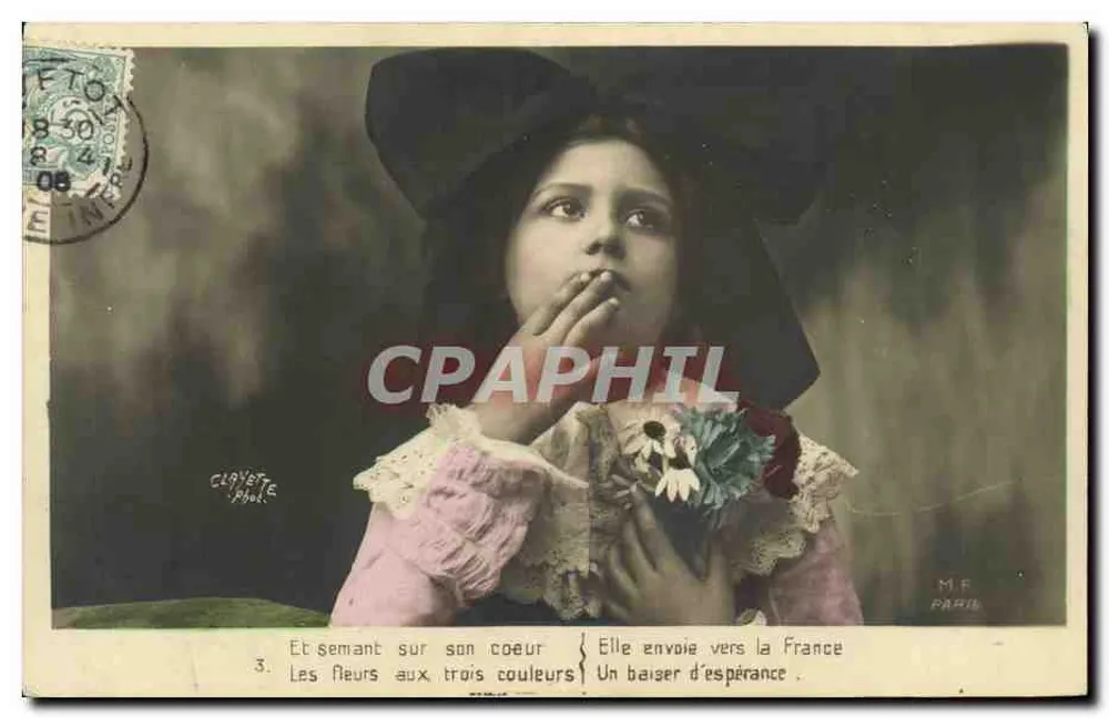 Mädchen mit schwarzem Hut — patriotisches Gedicht — Claryette, phot. Paris - Vorderseite