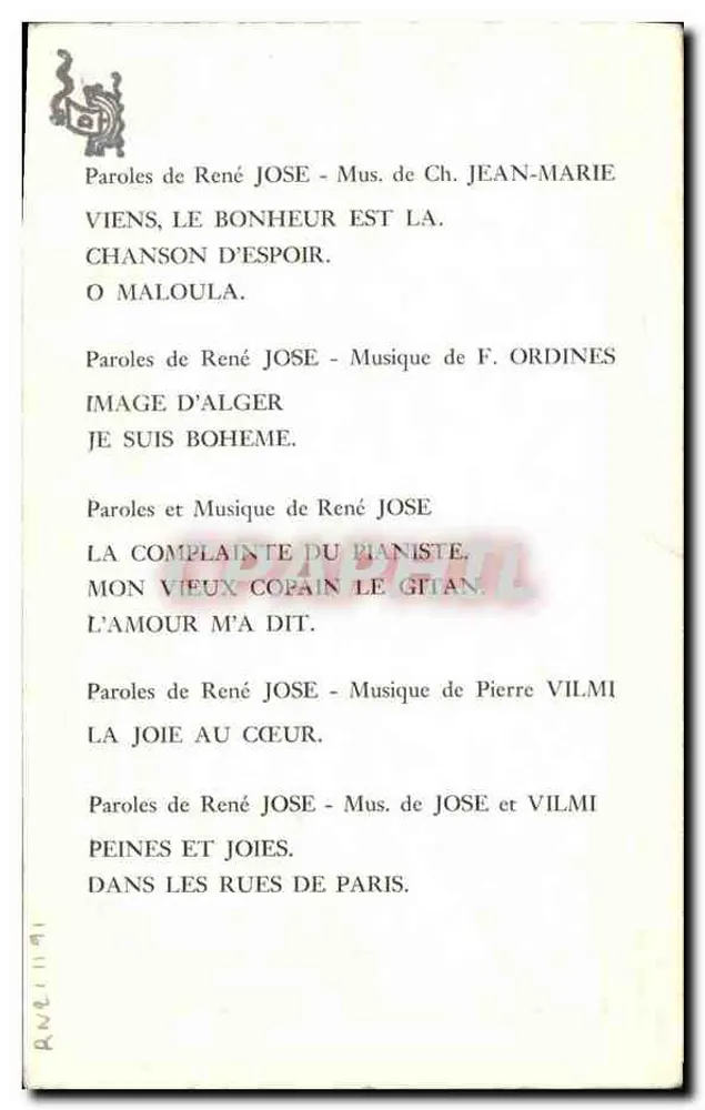 René JOSE — Lieder — Verlag nicht sichtbar - Rückseite