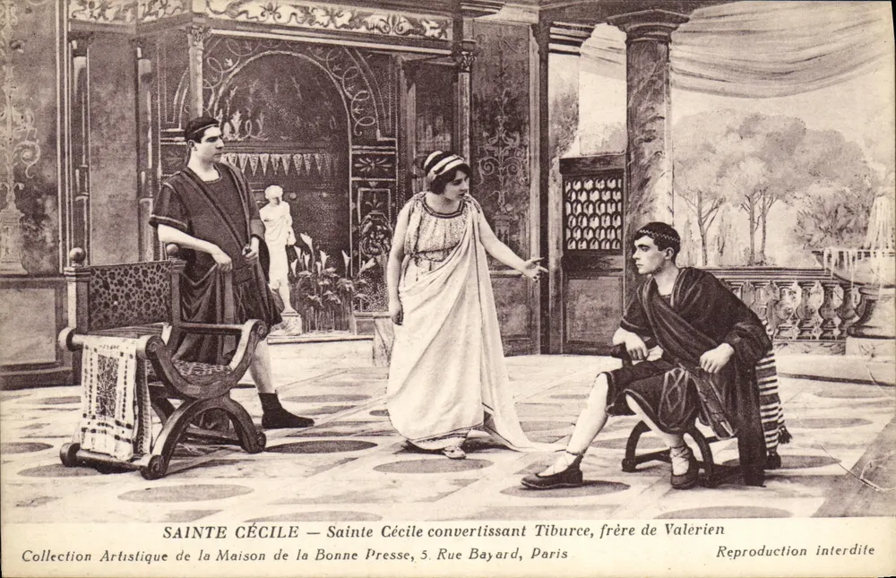 Sainte Cécile — Sainte Cécile bekehrt Tiburce, Bruder von Valérien — Künstlerische Sammlung der Maison de la Bonne Presse, 5 Rue Bayard, Paris - Vorderseite