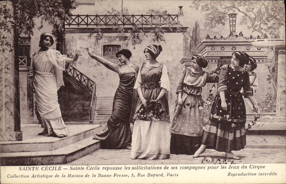 Heilige Cecilia — Heilige Cecilia weist die Avancen ihrer Begleiter für die Spiele des Zirkus zurück — Künstlerische Sammlung der Maison de la Bonne Presse, 5, Rue Bayard, Paris - Vorderseite