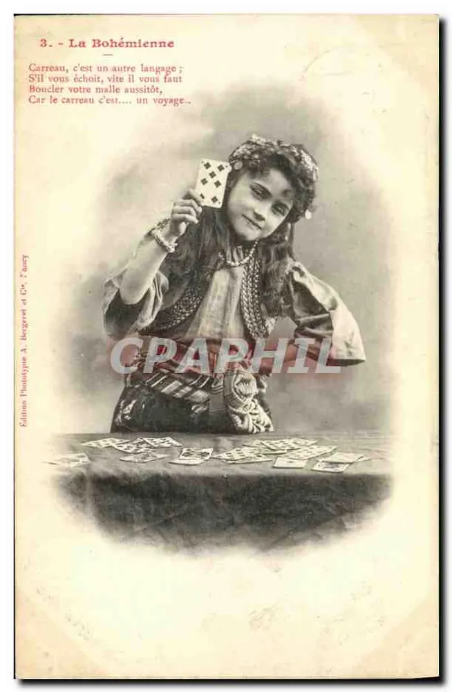 A Bohêmia — Tema: jovem mulher jogando cartas — Editor: Edição Phototypie A. Bongard e Cie, Nancy - Frente