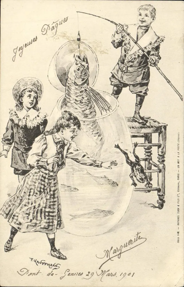 Kinder, die in einem großen Aquarium fischen — P. Kaufmann — Serie 148 — Verlag: Raphael Tuck & Fils, Paris - Vorderseite