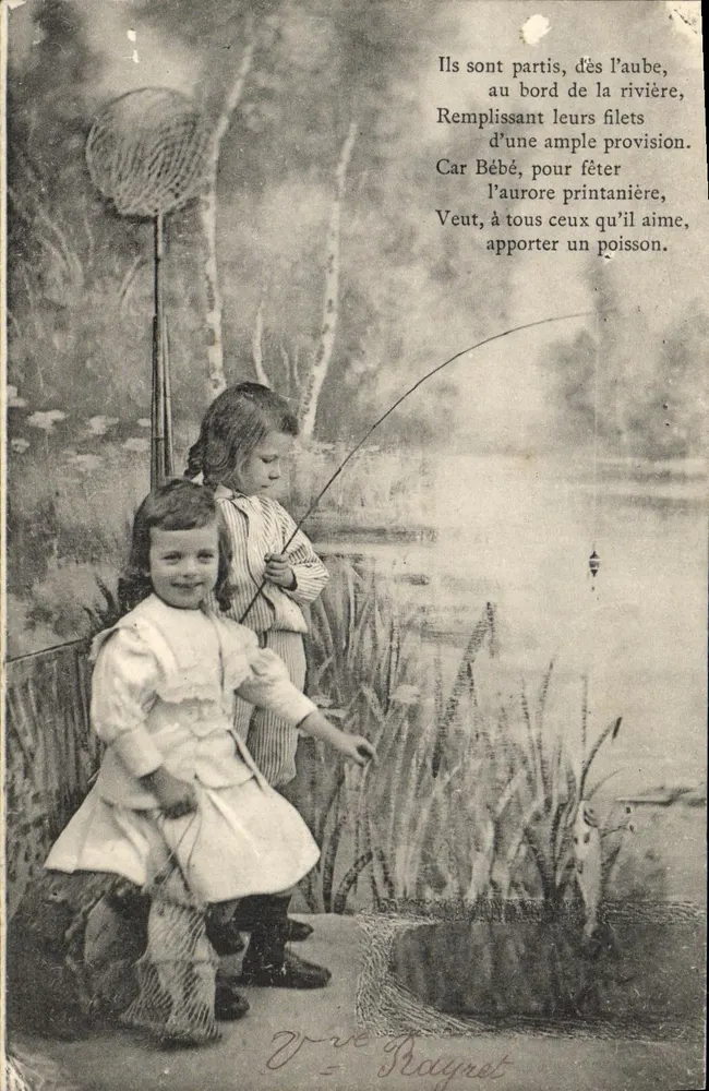 Zwei Kinder fischen am Fluss — poetischer Text — V. Rayret - Vorderseite