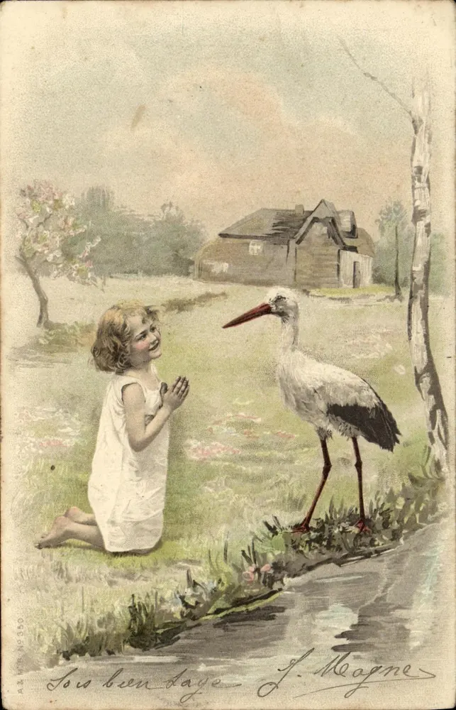 Mädchen und Storch — J. Magne, Nr. 1950 — Alzé-Ausgabe - Vorderseite