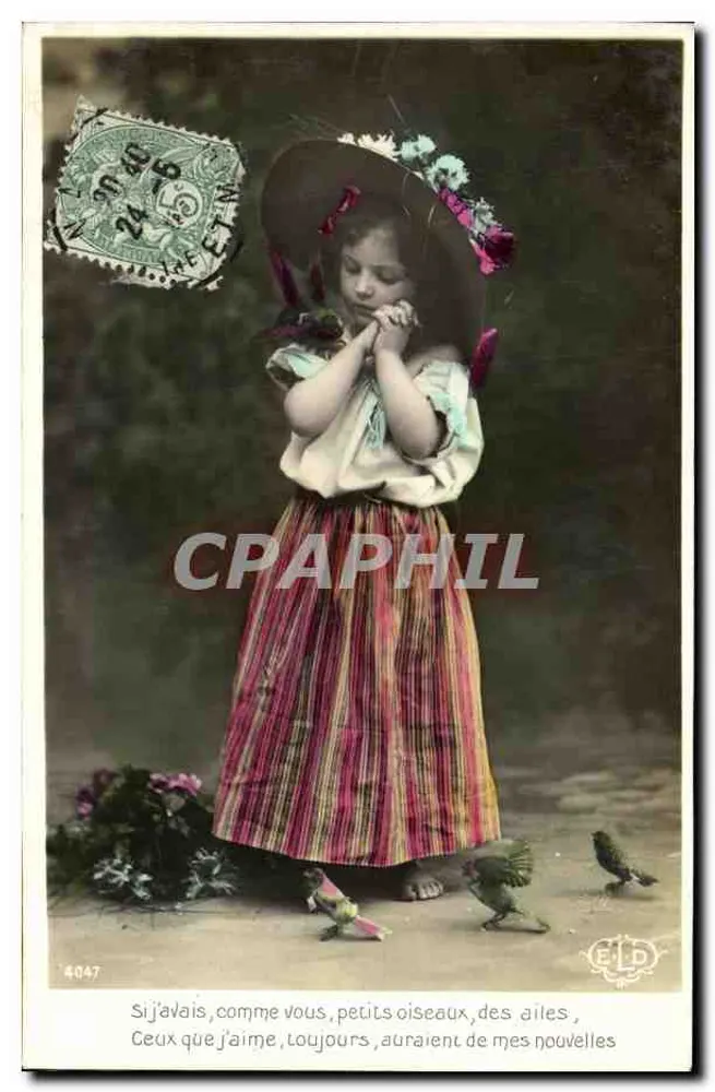 Mädchen in gestreifter Kleidung und blumengeschmücktem Hut — kleine Vögel — ELD, n° 4047 - Vorderseite
