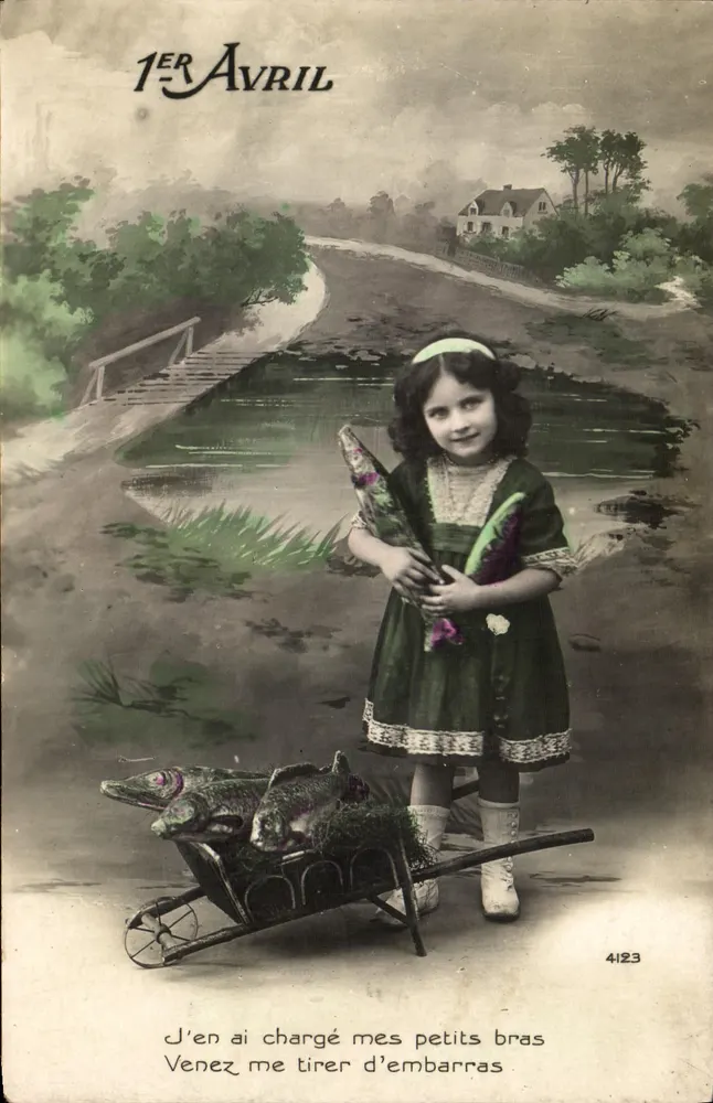 Mädchen mit Fischkutsche — 1. April — Verlag Nr. 4123 - Vorderseite