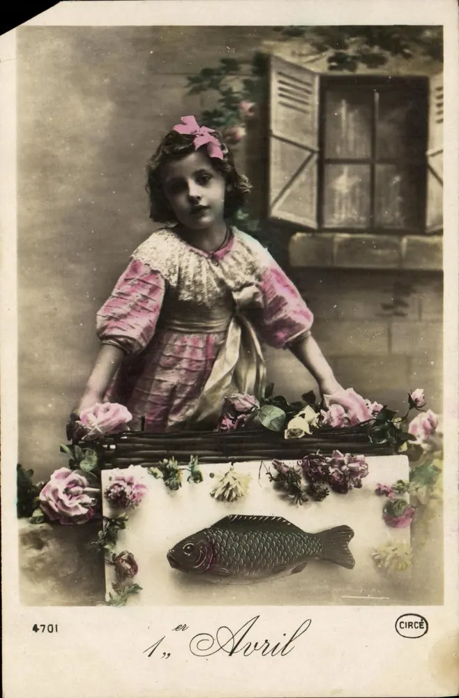 Mädchen mit Fisch und Rosen — Szene zum Osterfest — Verlag CIRCÉ, Nr. 4701 - Vorderseite