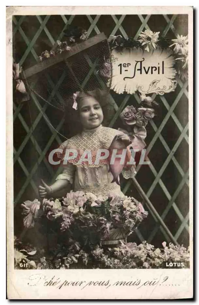 Lächelnde Mädchen mit Blumenstrauß — 1. April — Verlag LOTUS, n° 611 - Vorderseite