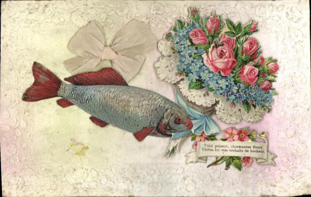 Peixe e buquê de flores — carta postal decorativa — editor desconhecido - Frente