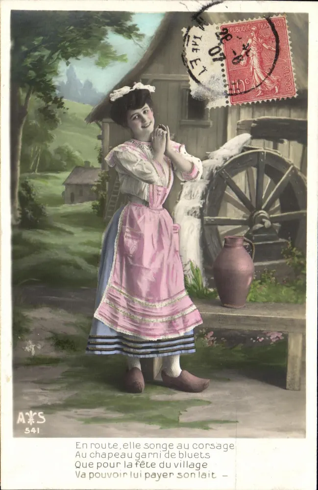 Junge Mädchen im ländlichen Kleid — singend neben einer Wasserräder — Verlag AJS n°541 - Vorderseite