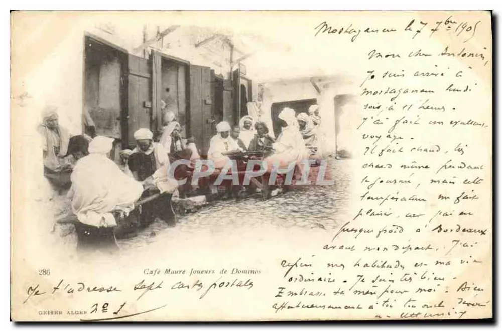 Café Maure à Montajam — scène de café avec hommes en turbans — éditeur OKISER ALGER, n° 286 - Vorderseite