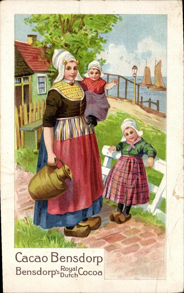 Frau und Kinder im niederländischen Kostüm — Straßenbild an der Küste — Verleger Bensdorp's Royal Dutch Cocoa - Vorderseite