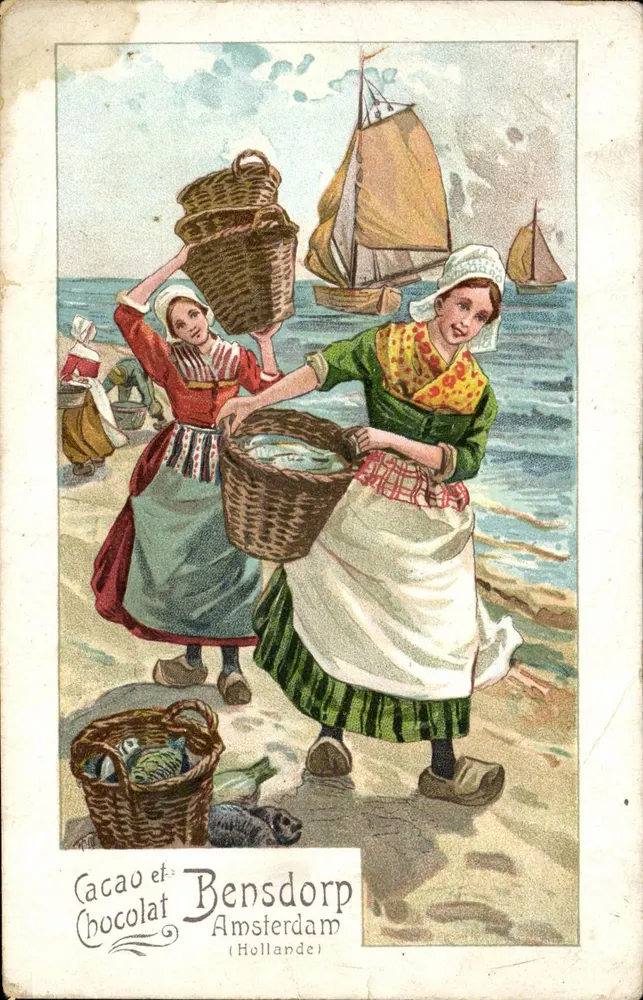 Deux femmes aux paniers — scène de pêcheur à Amsterdam — éditeur Cacao et Chocolat Bensdorp - Awers