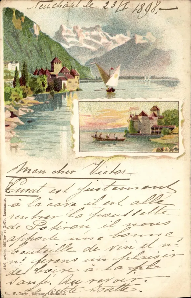 Lago de Thoune — vista do castelo — Atel. W. Tarin, Editor, Lausanne, n° 23 - Frente