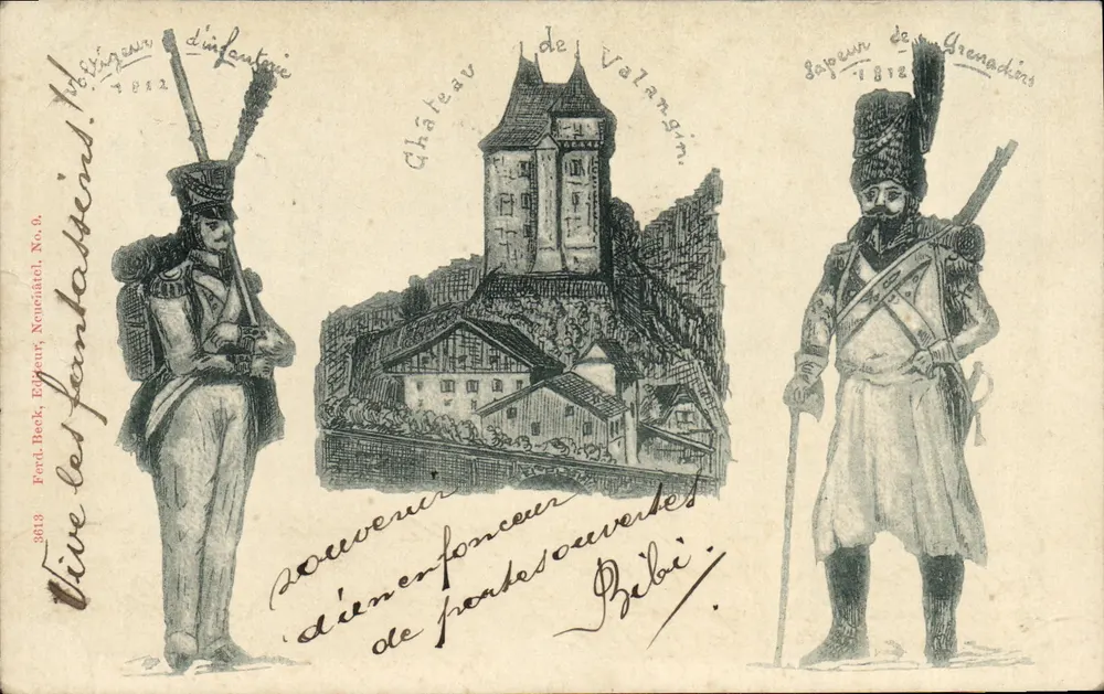 Château de Valangin — vue du château avec deux soldats (moyen d'infanterie et sapeur de grenadiers) — éditeur Ferd. Beck, Neuchâtel, N° 9 - Anverso