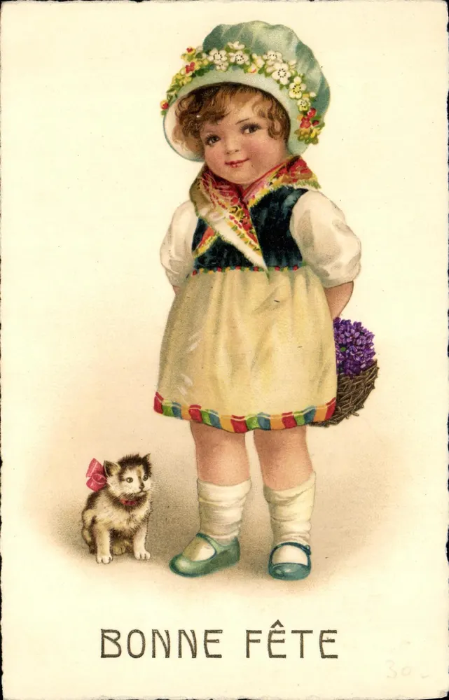 Menina pequena com gato — Feliz aniversário — editor desconhecido, n° 30 - Frente