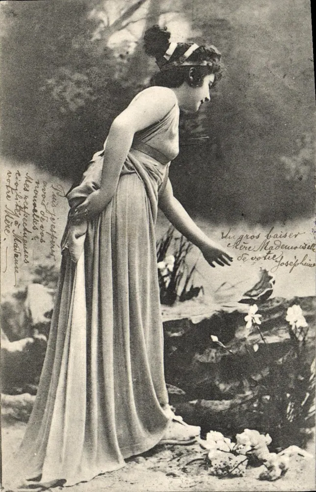 Frau in antikem Kleid — Garten-Szene — Verlag Jules Miet, Serie 2203 - Vorderseite