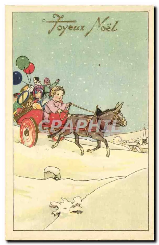 Kinder in einem von einem Esel gezogenen Wagen — schneereicher Weihnachtsblick — Verlag Paris, Nr. 904/4 - Vorderseite