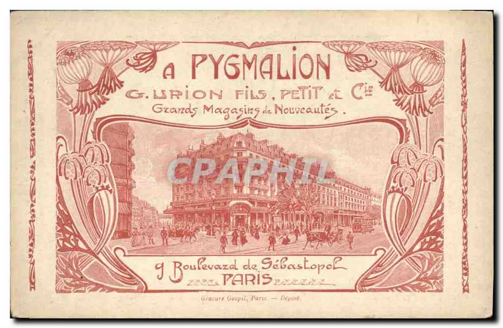 Pygmalion — scène de l'Acte II — Grands Magasins de Nouveautés, éditeur G. Urion Fils, Petit & Cie - Verso