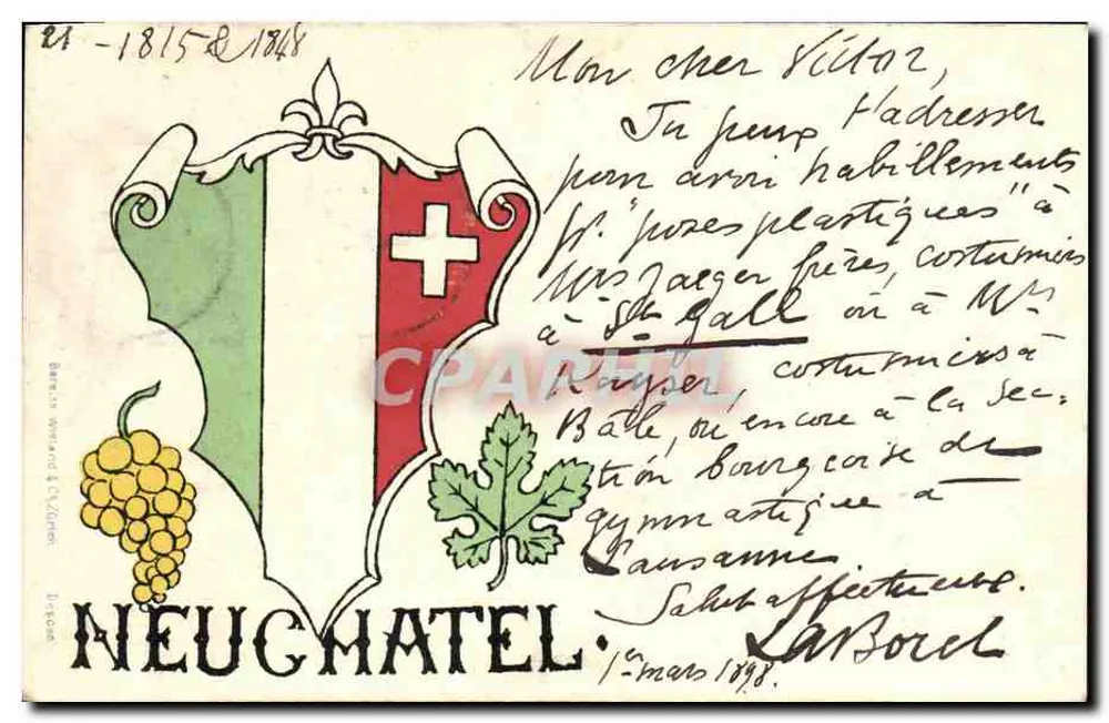 Neugmatel — Escudo tricolor suizo con racimo de uvas — Berliner Verlag & Co. Zúrich - Anverso