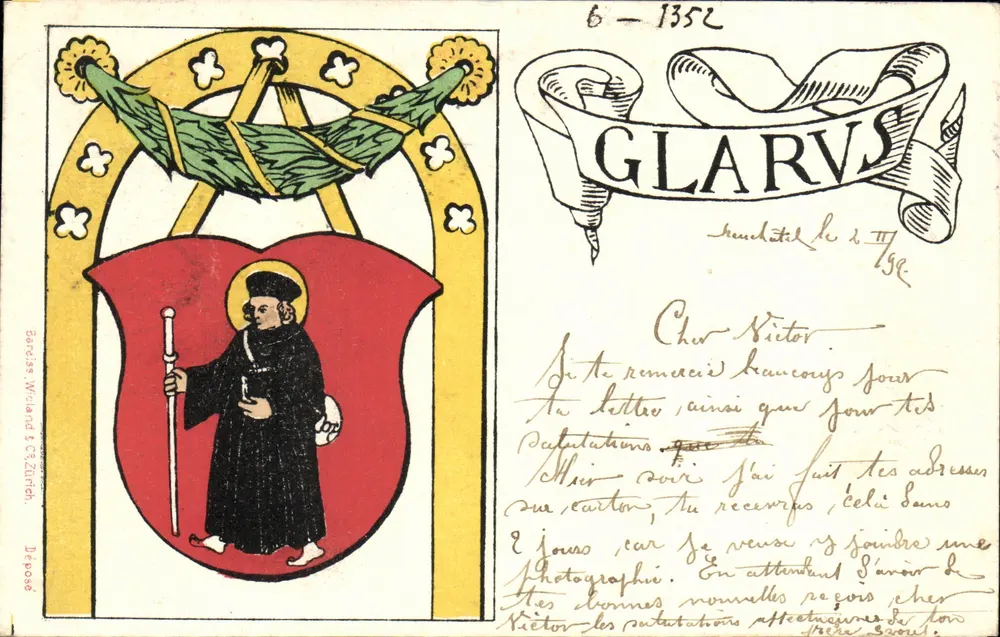 Glarus — Escudo com santo Victor — editor Barbier & Cie, n° 6-1352 - Frente