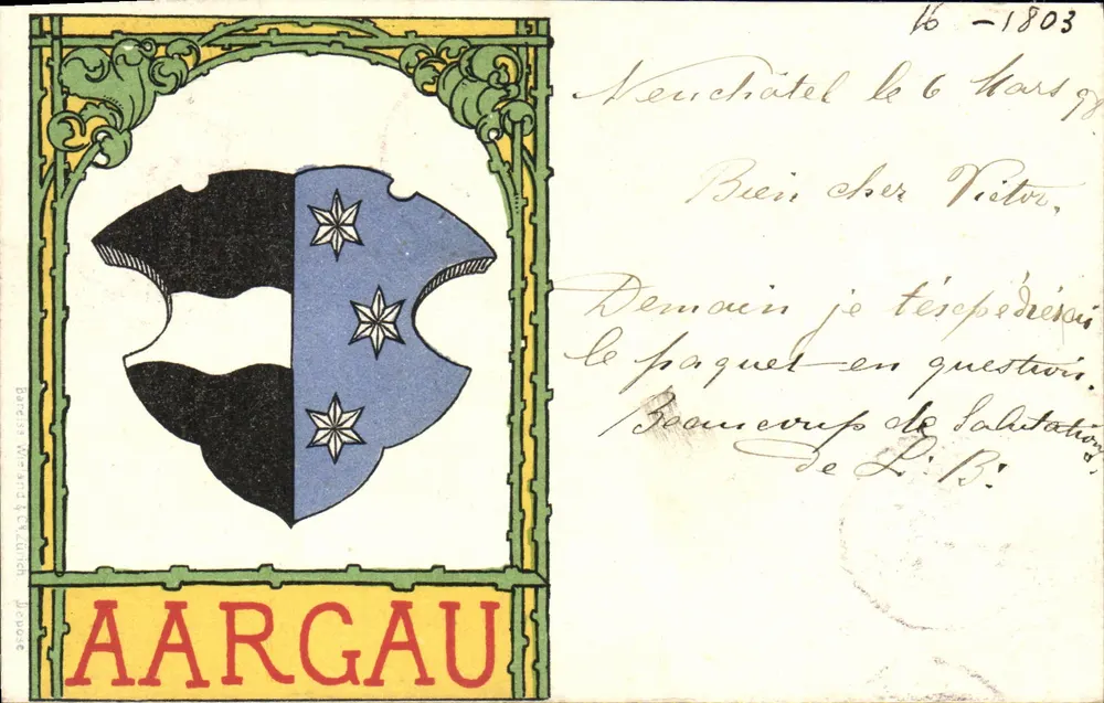 Aargau — escudo — editor: B. W. M. & Cie, Francia, número de serie no visible - Anverso