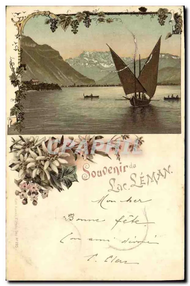 Lac Léman — Ansicht mit Segelboot und Bergen — Verlag: C. Kuhn & Cie, Zürich, n° 225 - Vorderseite