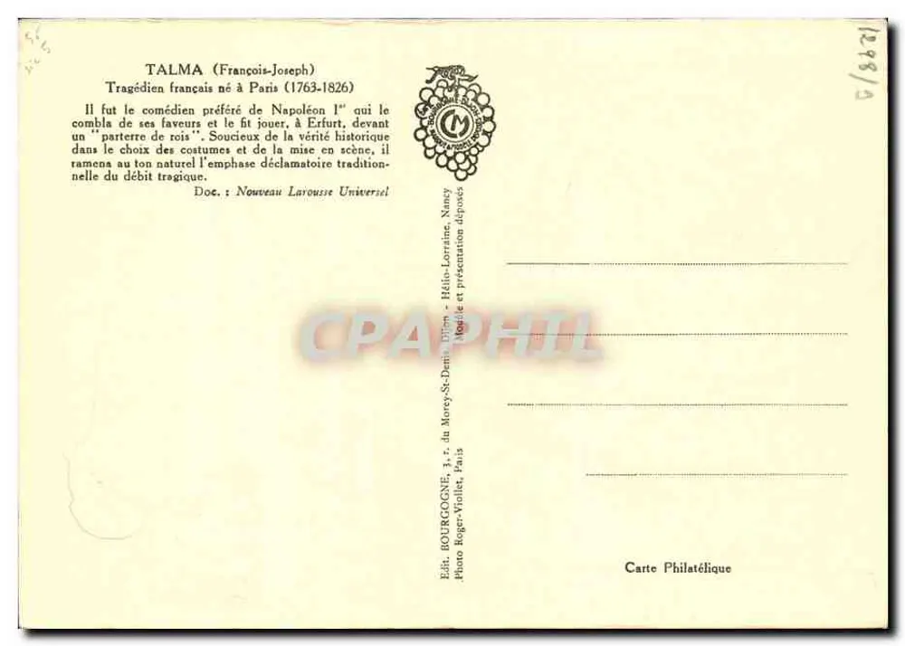 Talma — berühmter französischer Tragödienaktor — Verlag Bourgogne, Nancy - Rückseite
