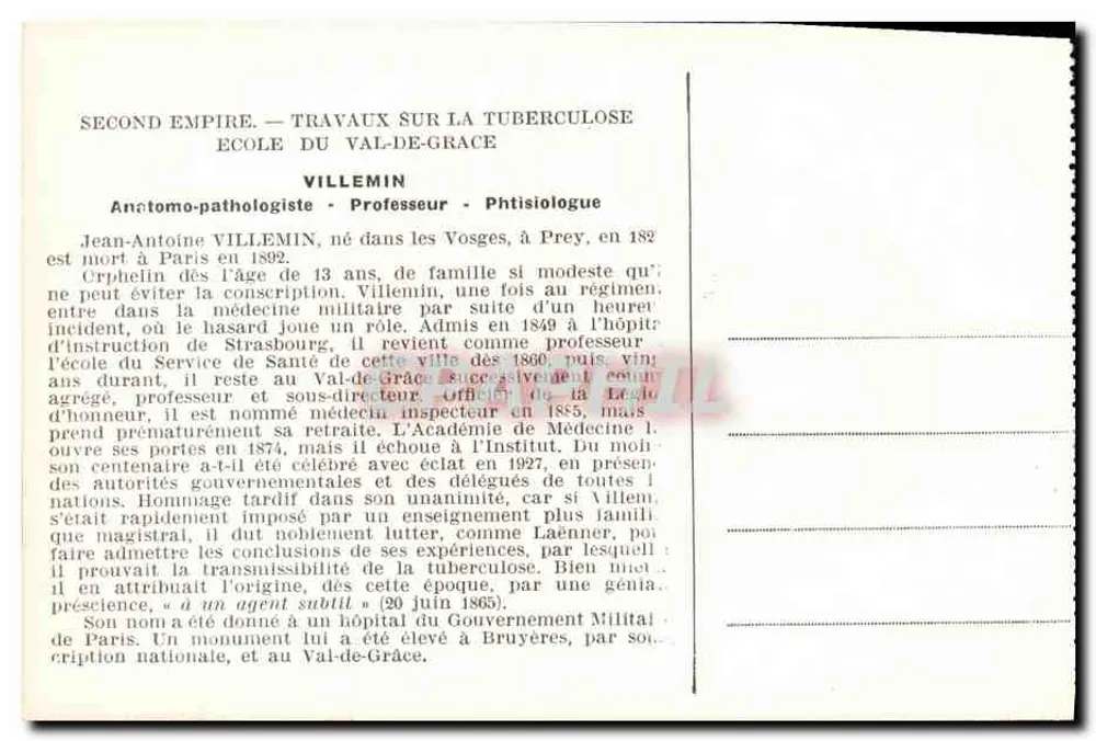 Jean-Antoine Villemín — Anatomopathologe und Professor — Verleger unbekannt - Rückseite