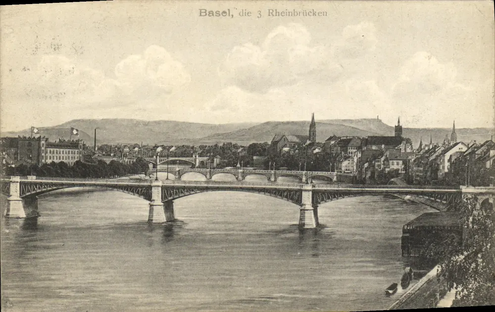 Basel, die 3 Rheinbrücken — Ansicht der drei Brücken über den Rhein — unbekannter Verlag - Vorderseite