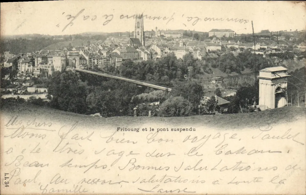 Fribourg und die Hängebrücke — Panoramablick — unbekannter Verlag, Seriennummer nicht sichtbar - Vorderseite