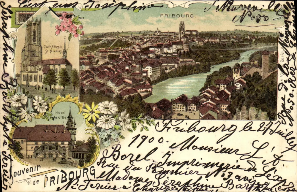 Fribourg — vista panorâmica com a catedral de São Nicolau e o palácio municipal — Impressora de Fribourg - Frente