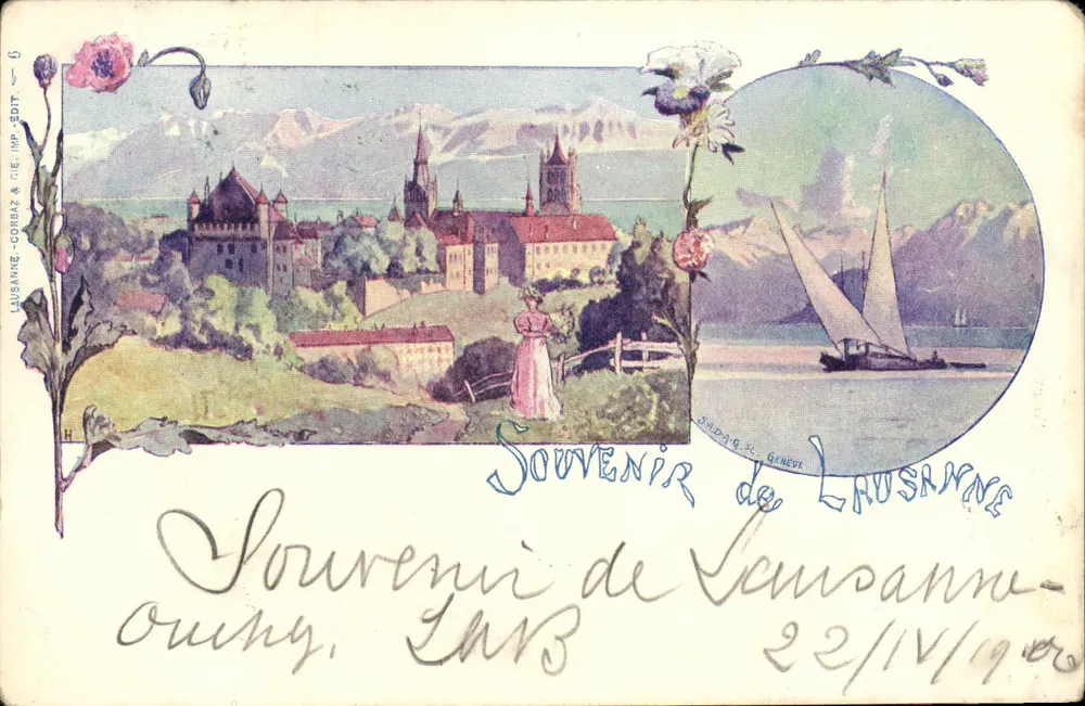 Lago Léman — Vista de Lausana com castelo e barco — Lausana-Corbaz & Cie, n°5 - Frente