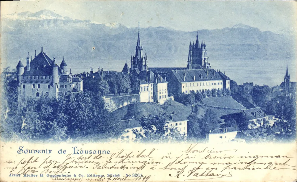 Ansicht von Lausanne — Krankenhaus und Berg — Atelier H. Guggenheim & Co. Verlag, Zürich Nr. 3263 - Vorderseite