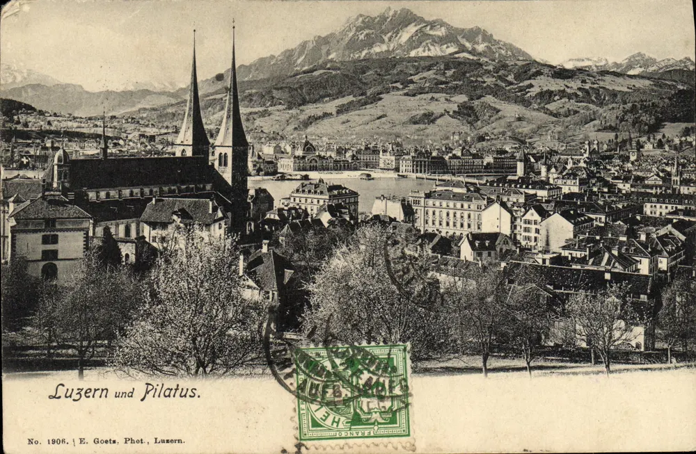 Lucerna e Pilatus — vista panorâmica — E. Goets, Fot. Lucerna, n° 1908 - Frente