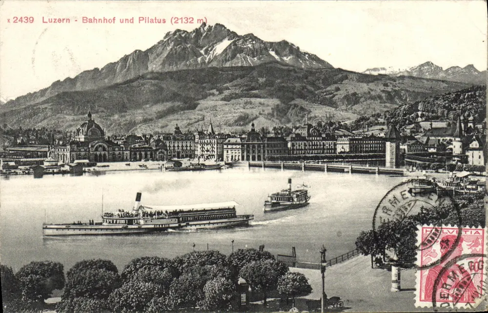 Luzern - Bahnhof und Pilatus (2132 m) — Verlag BERNER PHOTOLITH. Nr. 2439 - Vorderseite