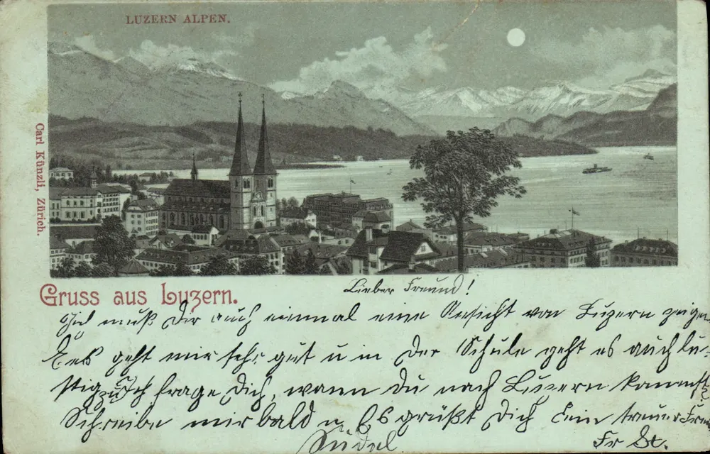 Luzern Alpen — Ansicht der Stadt und des Sees mit Kirche — Verlag Carl Knuzh, Zürich - Vorderseite