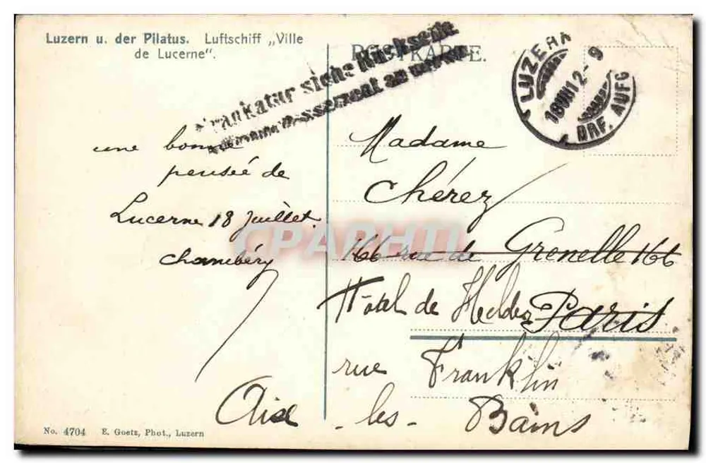 Luzern und der Pilatus — Panoramablick auf den See mit Luftschiff — E. Goetz, Fot. Luzern, Nr. 4704 - Rückseite