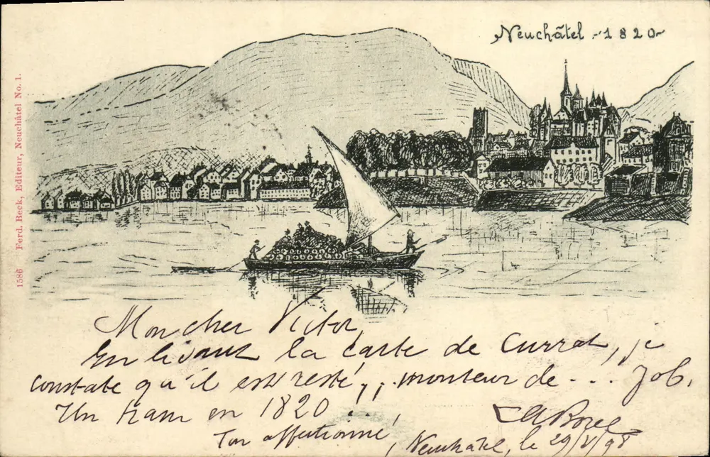 Neuchâtel — Blick auf den See mit Boot — Ferd Beck, Verleger, Nr. 1 - Vorderseite