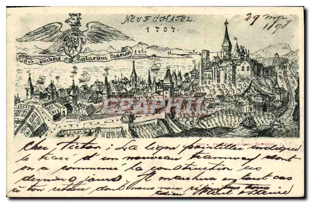 Neuchâtel — Vista da cidade com brasão — editor 'P. Borel, Editor, Neuchâtel' n° 0 - Frente