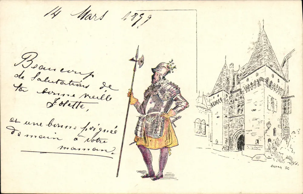 Guerrero in Rüstung — Illustration mit Turm — Savar SC - Vorderseite