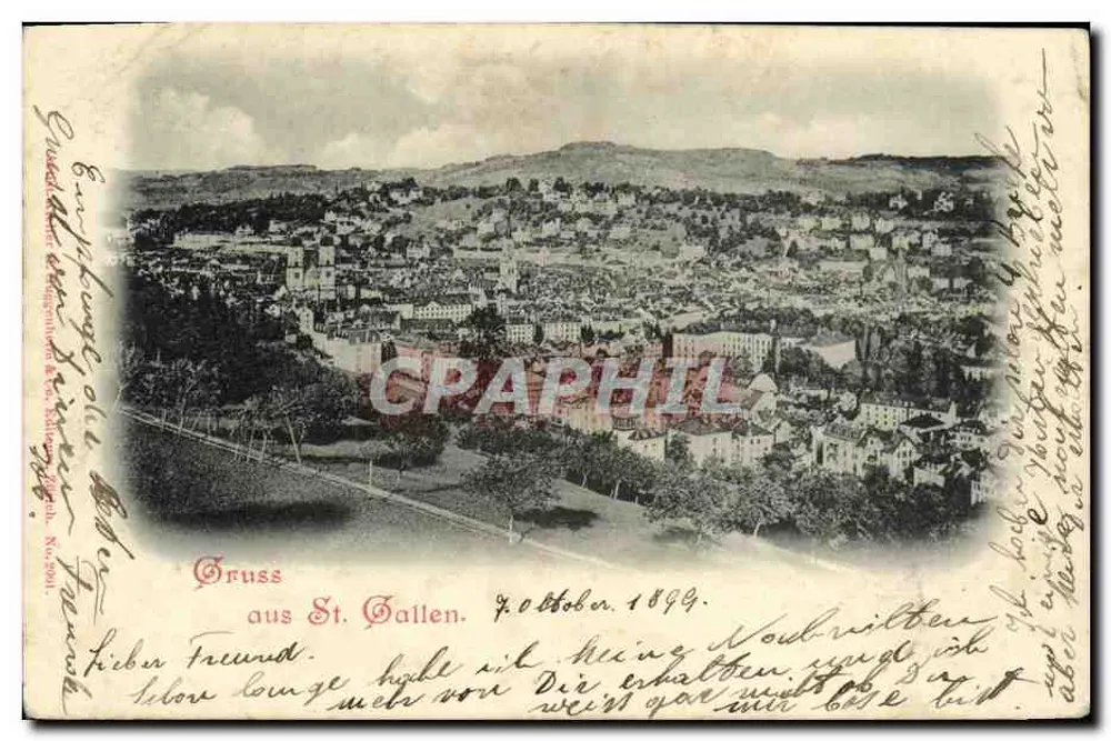Luftbild von St. Gallen — Grüß aus St. Gallen. 4. Oktober 1899. — Edition der Compagnie des Arts Graphiques, Nr. 2001. - Vorderseite
