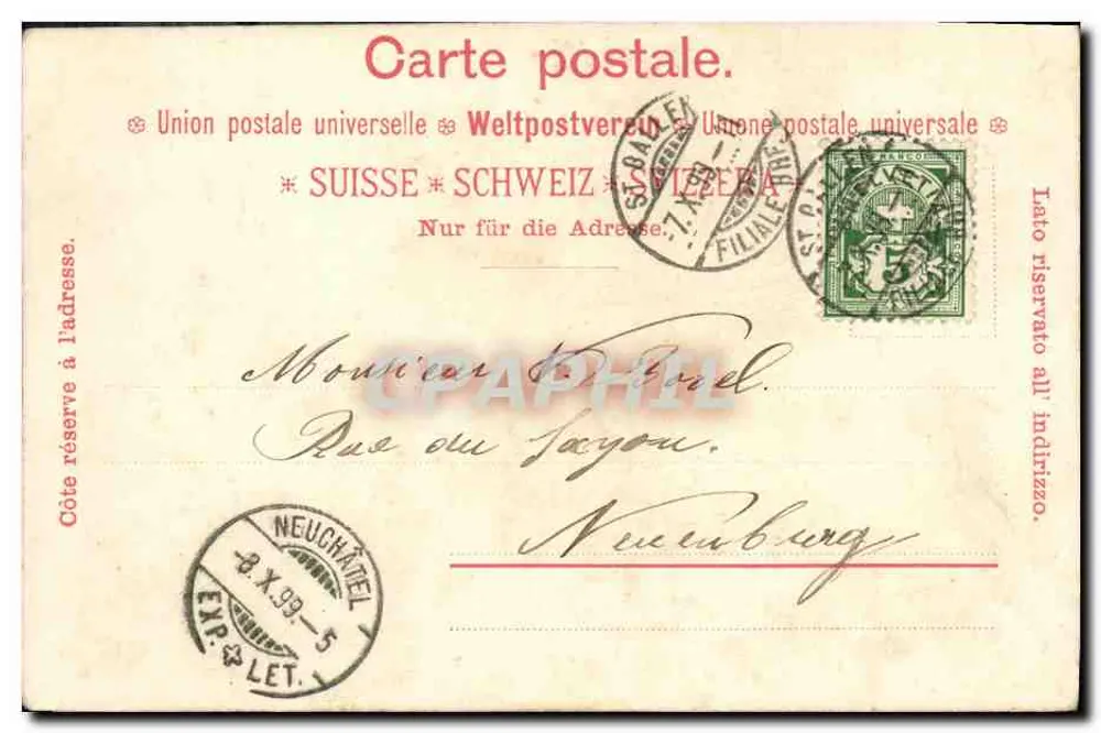 Luftbild von St. Gallen — Grüß aus St. Gallen. 4. Oktober 1899. — Edition der Compagnie des Arts Graphiques, Nr. 2001. - Rückseite