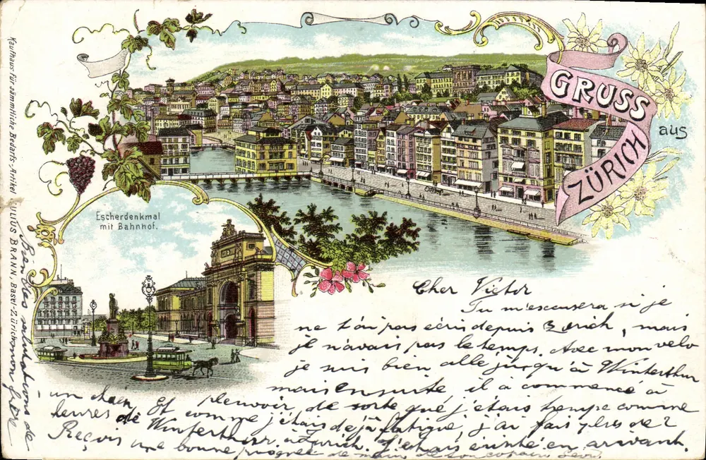 Zurich — vue du Escherdenkmal avec le Bahnhof — éditeur Julius Brann, Basel - Vorderseite