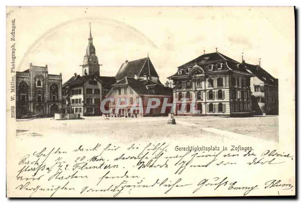 Platz der Gerechtigkeit in Zofingen — Ansicht des Marktes mit Kirche und Gebäuden — Photographie von W. Müller, Zofingen - Vorderseite