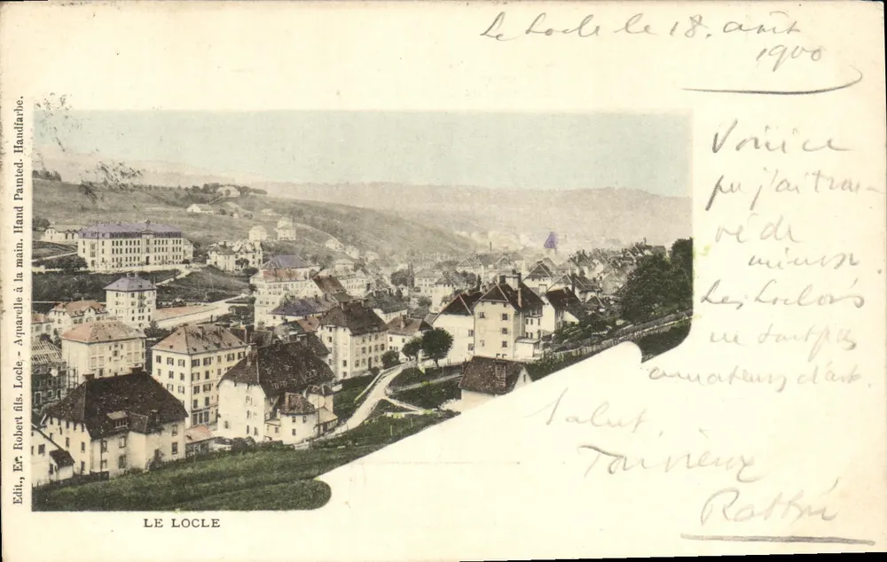 Le Locle — vista panorâmica — Éditi, Er. Robert fils. Locle. Pintado à mão. Handfarbe. - Frente