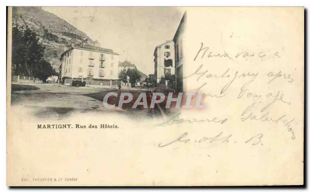 Martigny, Rue des Hôtels — vista de edifícios e montanha — Excoffier & Co Genève, n° 505 - Frente