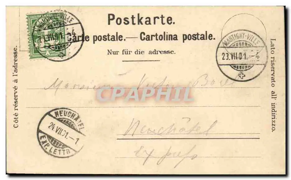 Martigny, Rue des Hôtels — vista de edifícios e montanha — Excoffier & Co Genève, n° 505 - Verso